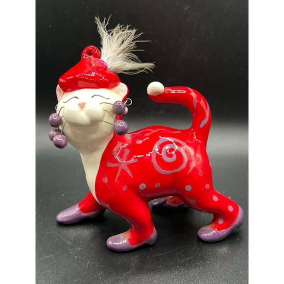 WhimsiClay by Amy Lacombe Cat Figurine GINNY 2007 #11022 with Tag Red w/ Feather - Picture 1 of 9